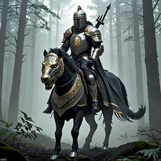 The image depicts a highly detailed, computer-generated scene of a knight clad in elaborate silver and gold armor, riding a black horse through a dense, foggy forest. The knight's armor features intricate gold accents, including a prominent gold emblem on the chest plate and a gold-trimmed helmet with a pointed top. The horse is similarly adorned with ornate gold and silver armor, including a gold-trimmed headpiece, neck piece, and hooves. The knight wields a sword with a black handle and a silver blade, and a long black cape with gold trim flows behind them. The forest is filled with tall, thin trees, their branches sparsely covered with leaves, and the ground is covered in dirt and sparse vegetation. The scene is enveloped in a thick fog, adding to the mysterious and ethereal atmosphere.