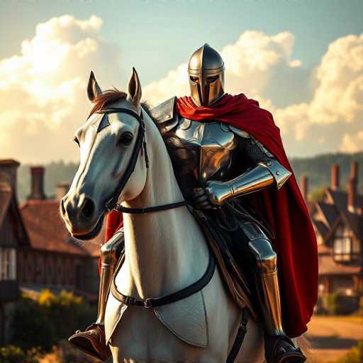A highly detailed, computer-generated image depicts a knight in full armor mounted on a white horse. The knight's armor is a striking gold color, and he wears a matching gold helmet that completely covers his face, leaving only narrow slits for his eyes. A long red cape billows dramatically behind him, adding a touch of color to the scene. The knight's right arm is extended outward, while his left arm rests on his waist. His legs are encased in the same gold armor, and he wears brown shoes. The horse is adorned with a black harness and a protective shield over its chest. The background features a picturesque blue sky dotted with fluffy white clouds, and a quaint village with brown houses and red roofs can be seen in the distance.