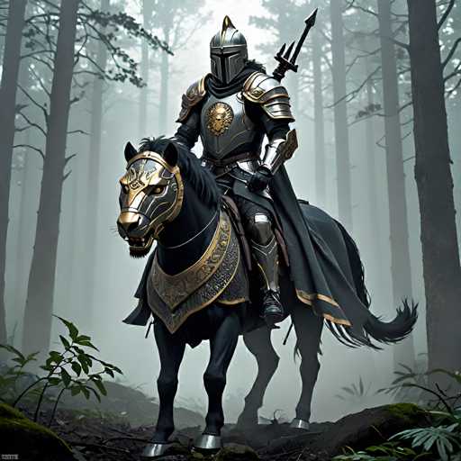 A knight on horseback is shown in a medieval forest setting. The knight is wearing a full suit of armor and holding a sword in his right hand while riding the black horse with gold accents. The background features tall trees and foggy conditions typical of a dense woodland environment.