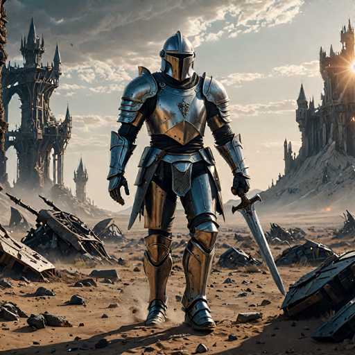 The image depicts a highly detailed, computer-generated scene of a medieval knight standing in a desolate, rocky landscape. The knight, clad in full silver armor with gold accents, including a helmet that obscures his face, stands prominently in the foreground. He wields a sword in his left hand, while his right hand rests by his side. The ground beneath him is littered with debris, including metal fragments and rocks, suggesting a recent battle or destruction. In the background, two grand castles rise on either side of the scene, their spires reaching towards a sky filled with dark, ominous clouds. The sun peeks through the clouds on the right, casting a faint light over the scene. The overall atmosphere is one of desolation and aftermath, with the knight standing as a solitary figure amidst the ruins.