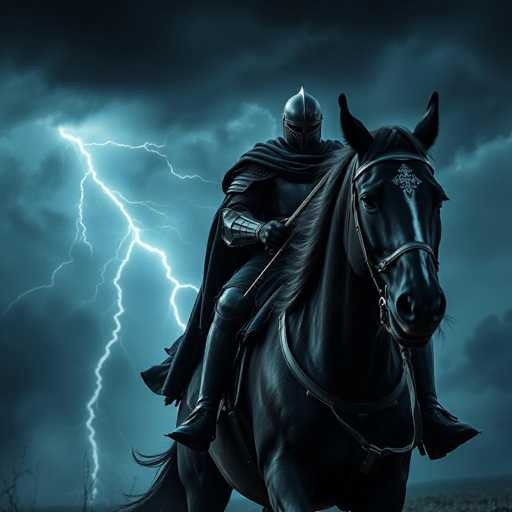 A knight on a black horse rides through a stormy landscape, illuminated by a powerful lightning strike. The knight is clad in dark armor and a hooded cloak, holding a long lance. The horse's coat is also black, with a silver emblem on its bridle. The background features dark, dramatic clouds and a blurred landscape, emphasizing the power of the storm and the knight's solitary journey. The overall mood is one of epic adventure and dramatic intensity, with a focus on the contrast between light and darkness.