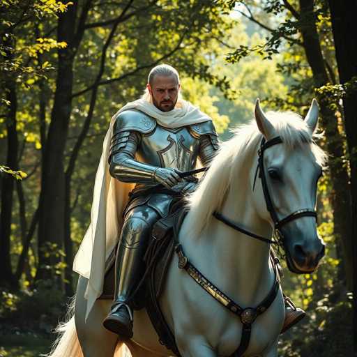 In this captivating image, a knight clad in gleaming silver armor rides a majestic white horse through a dense forest. The knight, with long, flowing white hair, is adorned in a flowing white cape that billows behind him, adding to his regal appearance. His armor is intricately detailed, featuring a shield emblem on his chest and a bird motif on his knee. The knight's face is marked by a stern expression, with a thick mustache and beard, and his eyes are squinted, giving him a focused and determined look. He grips the reins firmly, guiding his steed through the lush greenery. The horse, with a black harness and a striking white mane, stands out against the verdant backdrop. The forest around them is filled with tall trees, their green leaves creating a canopy that filters the sunlight, casting dappled shadows on the ground. The scene is serene yet powerful, capturing a moment of chivalry and strength in a picturesque natural setting.