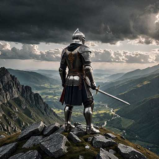 A lone knight in full plate armor stands on a rocky mountain peak, facing a vast, dramatic landscape. The knight is clad in polished silver armor with intricate detailing, including a golden emblem on the chest and a red cloth draped over the waist. A long sword is held in one hand, pointing towards the horizon. The background features rolling green hills and valleys stretching into the distance, with a winding river snaking through them. The sky is overcast with dark, stormy clouds, adding to the overall sense of grandeur and isolation. The lighting is dramatic, with highlights on the armor contrasting against the darker sky. The overall mood is one of strength, solitude, and a sense of epic adventure.
