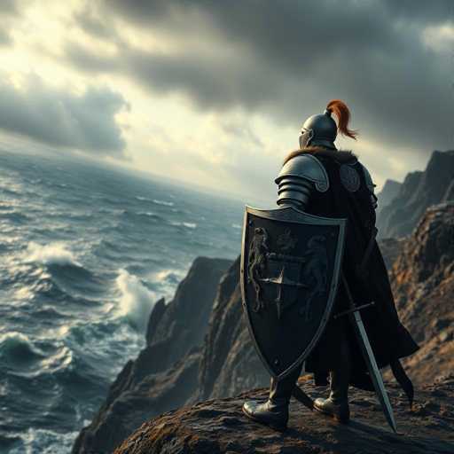 A knight stands resolutely on a rugged cliff, his back turned towards the viewer. His posture is tall and proud, with his head held high and a sword hanging loosely by his side. The knight's armor gleams in the dim light, and a striking red plume adorns the top of his helmet. In his left hand, he holds a large, ornate shield, its surface decorated with intricate designs. The cliff beneath his feet is jagged and uneven, adding to the dramatic atmosphere. To the left, the turbulent ocean stretches out, its waves crashing against the rocks below. The sky above is overcast, filled with dark, brooding clouds that hint at an impending storm. The overall scene is one of solitude and contemplation, with the knight appearing to survey the vast, wild landscape before him.