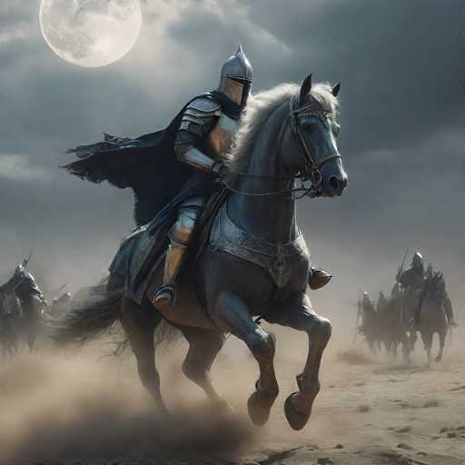 The image depicts a medieval scene with a group of knights riding through a desert landscape under a cloudy sky. The central focus is a knight in full armor, including a helmet with a narrow slit for vision, and a flowing cape. This knight is mounted on a striking white horse with a black mane and tail, which is captured mid-gallop, kicking up dust. The horse is adorned with a metal harness and a decorative headpiece. Surrounding the central knight are other knights, also in armor, some on horseback and others on foot, all moving towards the right side of the image. The ground beneath them is a mix of dirt and sand, with a few sparse bushes visible. The sky above is filled with dark, ominous clouds, partially obscuring a large, bright moon that casts a dim light over the scene. The overall atmosphere is one of motion and impending conflict, as the knights appear to be on a mission or preparing for battle.