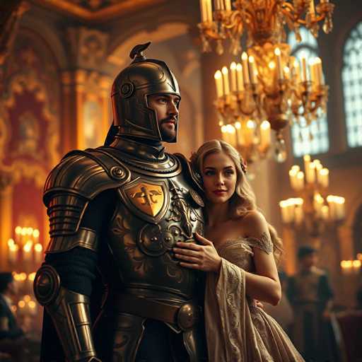 A man and woman dressed as medieval characters stand together in a grand room with ornate decorations and chandeliers hanging from the ceiling. The man wears a gold armor suit with a shield on his chest, while the woman is adorned in a white dress with a veil over her head.