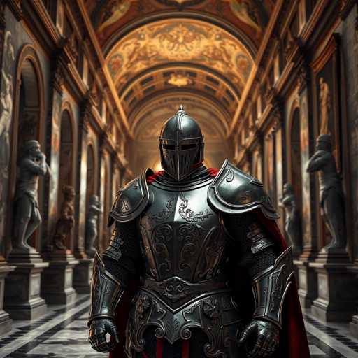 A knight in full armor stands in a grand hallway with ornate columns and paintings on the walls. The knight is wearing a red cape and a helmet with a visor that casts a shadow over his face.