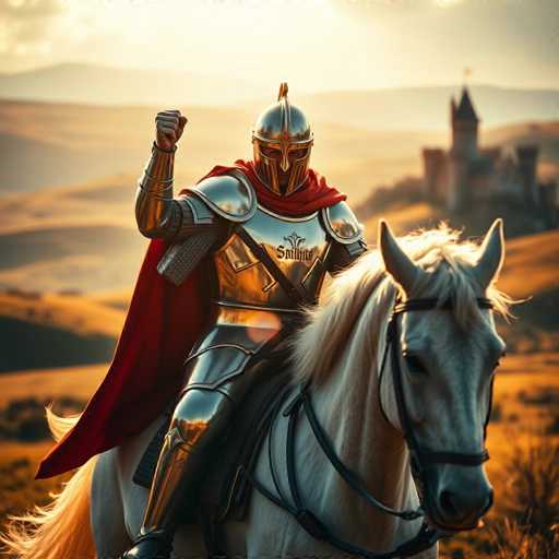 A knight in full armor is riding a white horse with his arms raised high and a red cape billowing behind him. The backdrop features a castle nestled among rolling hills under a clear blue sky.