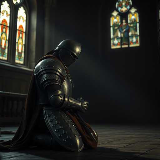 In this detailed image, a knight clad in full armor is depicted kneeling on a stone floor, seemingly in prayer. The knight's armor is meticulously crafted, featuring a helmet with a pointed top and a narrow slit for the eyes, along with a mesh covering the mouth. The armor extends to his shoulders, chest, arms, and legs, with a shield resting on the floor beside him. A brown cape drapes over his shoulders, adding to his imposing presence.

The setting appears to be a church, characterized by the dark stone walls and the presence of stained glass windows. On the left side of the image, a stained glass window features a figure with a red background, while the window on the right showcases a figure with a blue background. Both windows are adorned with intricate designs, including a circular pattern at the top. The overall atmosphere is one of solemnity and reverence, with the knight's posture and the detailed surroundings contributing to the scene's depth and historical ambiance.