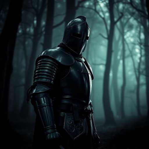 The image depicts a knight clad in full, black armor standing in a dense, dark forest. The knight's armor is meticulously detailed, featuring a helmet with narrow eye slits and a pointed top, along with shoulder pads and a breastplate. The knight's right arm is adorned with a gauntlet, and a black belt with a shield-shaped buckle encircles the waist. The forest in the background is shrouded in fog, with tall, leafless trees creating a haunting atmosphere. The ground is covered in dark, almost black dirt, adding to the overall somber and mysterious mood of the scene.