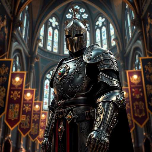 The image depicts a highly detailed, computer-generated medieval knight standing in the grand interior of a cathedral. The knight is clad in ornate, black armor adorned with intricate gold designs, including a prominent sun emblem on the chest plate. His helmet features narrow eye slits and a pointed nose guard, with a decorative metal piece on top. The knight's armor extends to his shoulders, elbows, and hands, all crafted from shiny metal. A black belt with a gold buckle and red tassels cinches his waist. The cathedral's interior is grand, with towering arched ceilings, large stained glass windows, and numerous banners hanging from the walls, each bearing a coat of arms. The overall scene exudes a sense of historical grandeur and meticulous craftsmanship.