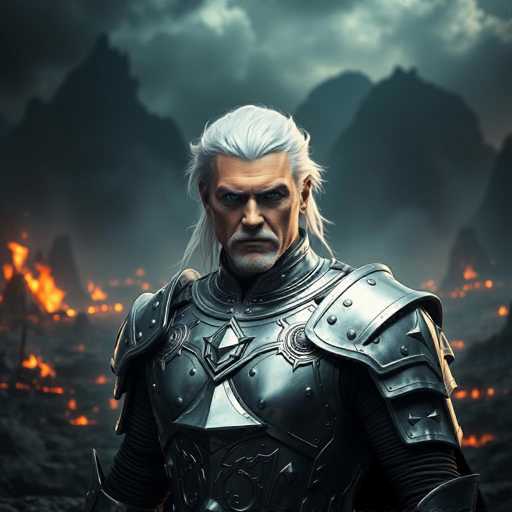 A man with white hair and a beard stands in front of a backdrop of mountains and flames, wearing a full suit of armor that includes a helmet and breastplate.