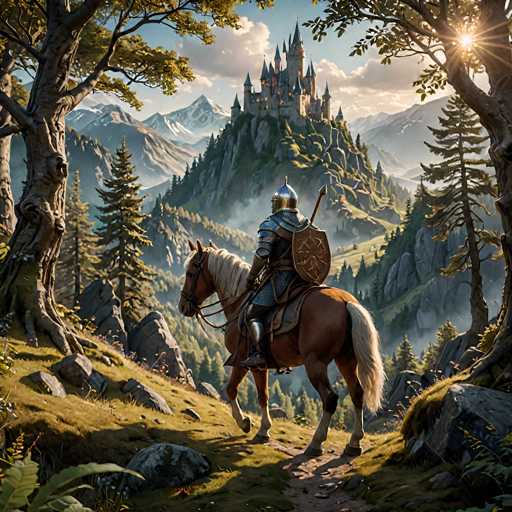 The image depicts a detailed painting of a medieval knight on horseback, viewed from behind. The knight, clad in full silver armor including a helmet, chest plate, and leg armor, also wears a chainmail shirt and carries a large brown shield on his left side. A sword is strapped to his back, and he rides a brown horse with a white mane and tail, which is equipped with a black bridle and a brown saddle. The horse is walking along a dirt path that winds through a lush, green landscape dotted with rocks and trees. In the background, a majestic mountain rises, crowned by a grand castle with numerous spires and towers. The scene is set under a blue sky filled with white clouds, with sunlight streaming through the trees on the right side of the image, casting a warm glow over the entire landscape.