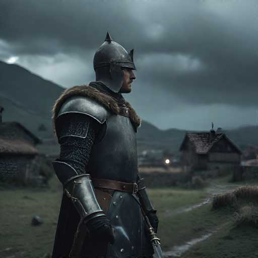 In this detailed image, a knight stands in a side profile, facing to the right. He is adorned in a full suit of armor, with a helmet that features a pointed top and two spikes on either side. The helmet's face mask is pulled up, revealing his face. His attire includes a fur-lined shoulder piece, a chest plate, and a skirt-like armor that extends down to his knees. A brown belt cinches his waist, and a sword is sheathed at his side. His arms are covered in chainmail, and he wears metal armor on his forearms, along with black gloves. The knight stands in a grassy field, with a small house visible in the background. The sky above is dark and cloudy, suggesting an impending storm.