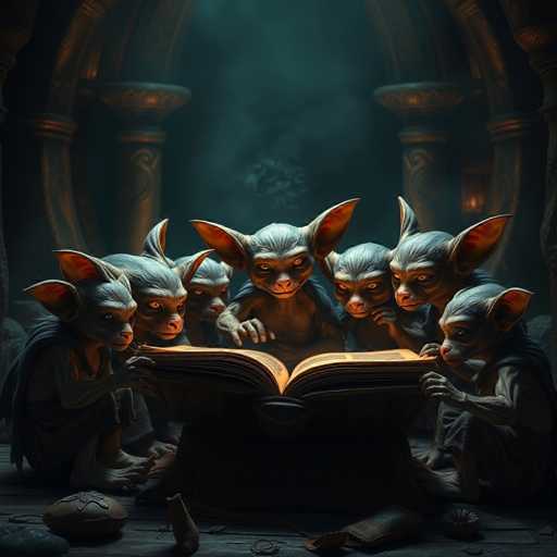 In this captivating image, a group of seven goblin-like creatures are gathered around a large, open book, their attention fully absorbed by its contents. The scene is set in a dimly lit, ancient-looking room with stone columns and arches, adding to the mystical atmosphere. The goblins, with their grayish-green skin, large pointy ears, and beady eyes, are huddled close together, their small hands resting on the book's pages. The book itself is illuminated, casting a warm glow on their faces and highlighting the intricate details of the scene. The goblins' attire consists of simple cloaks and pants, and they appear to be engrossed in the story or perhaps casting a spell. The overall ambiance suggests a moment of quiet magic and shared discovery among these intriguing creatures.