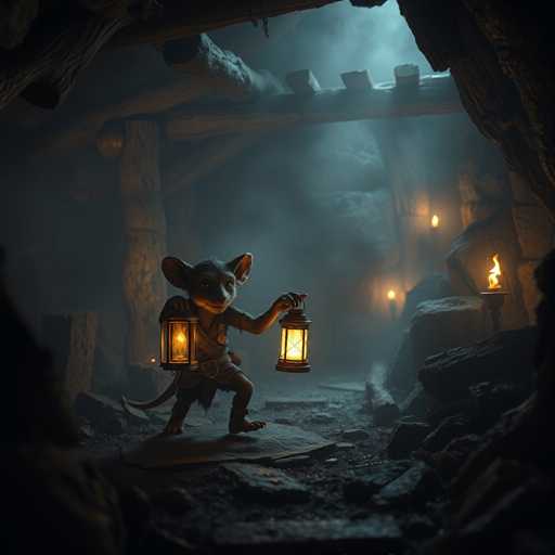 A small mouse is holding a lantern and standing on a rock in the center of an underground cave. The cave has a wooden structure with a metal railing at one end, and there are two torches burning on either side of the mouse.