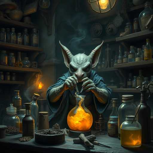 The image depicts a computer-generated scene of a gargoyle-like creature, possibly a wizard or sorcerer, engaged in brewing a potion. The creature, with a grayish-green complexion, has large, pointed ears and a prominent nose, and is dressed in a blue robe. It stands at a wooden table cluttered with various glass bottles, some containing yellowish or orange liquids, and others filled with dark brown or amber substances. The creature is holding a beaker with a vivid orange liquid that emits smoke, suggesting it is in the process of being transformed. Surrounding the table are shelves lined with more glass bottles, some sealed with cork stoppers, and a few bowls. The background features a dark, cave-like setting with a lit torch on the left side, casting a yellowish-orange glow. The scene is illuminated by a light bulb hanging from the ceiling, adding to the mystical atmosphere.