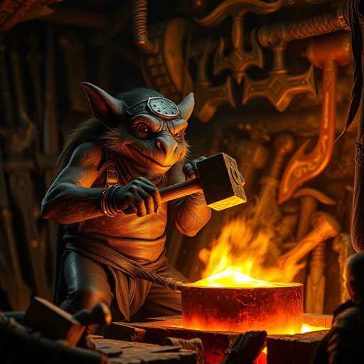 The image depicts a highly detailed, computer-generated scene of a goblin-like creature engaged in blacksmithing. The goblin, with its pointy ears, grayish skin, and a mix of gray and white hair, is crouched down, intensely focused on its work. It wears a headband with a circular emblem and a leather-like shirt, while its muscular arms are wrapped with leather straps. The creature is wielding a large mallet, poised to strike a glowing, fiery metal block that glows red and orange from the heat. The metal block rests in a large, circular cauldron filled with intense flames. Surrounding the goblin are various tools and weapons, including axes and other metallic items, all illuminated by the fire's glow. The background is dark, enhancing the dramatic and intense atmosphere of the scene.