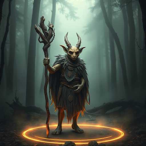 A gnome with horns and a staff stands on a circle of fire in the center of a forest. The gnome is holding a staff and has a long beard.