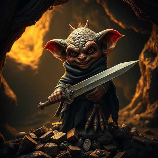 The image depicts a computer-generated, goblin-like creature standing in a dark cave. The goblin has a menacing appearance with a bald head covered in scales, large pointy ears, and two small horns protruding from its forehead. Its eyes are a striking orange, and it has a sinister grin on its face. The creature is dressed in a dark gray cloak that drapes around its body, and it wields a long sword with a brown handle in its right hand. Its left hand is adorned with a ring on the index finger and three additional fingers extending from the palm. The goblin stands on a pile of rocks and gold, with a large fire burning in the background, casting an eerie glow on the scene. The overall atmosphere is dark and foreboding, emphasizing the goblin's threatening presence.
