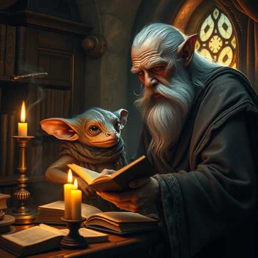 In this detailed fantasy illustration, an elderly wizard with long white hair, a flowing white beard, and a dark cloak is seated at a wooden desk, deeply engrossed in an open book. Beside him stands a small, goblin-like creature with large ears, a wrinkled neck, and a curious expression as it looks up at the wizard. The desk is cluttered with several other books, and two lit candles cast a warm glow over the scene. To the left of the wizard, a bookshelf filled with more books and a floating cigar adds to the mystical atmosphere. Behind them, a stained glass window with a circular pattern allows additional light to filter into the room, enhancing the enchanting ambiance of this indoor setting.