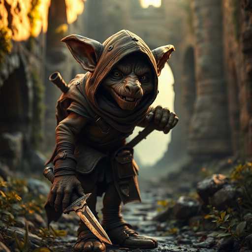 The image depicts a highly detailed, computer-generated goblin-like creature standing in a medieval fantasy setting. The goblin, with its dark gray skin and large, pointed ears, is clad in a brown leather hooded cloak that covers its head and shoulders. Its face is marked by wrinkles, a prominent nose, and sharp teeth, giving it a menacing appearance. The creature's right hand grips a large dagger with a golden blade and a black handle, while its left hand holds a staff or club. A sword is strapped to its back, and it wears brown leather gloves and boots. The goblin stands on a rocky, cobblestone path, surrounded by greenery and grass. In the background, there are blurred stone buildings, including a castle-like structure with an arched doorway, adding to the medieval fantasy atmosphere. The overall scene is richly detailed, with a focus on the goblin as it looks directly at the viewer, exuding a sense of danger and mystery.