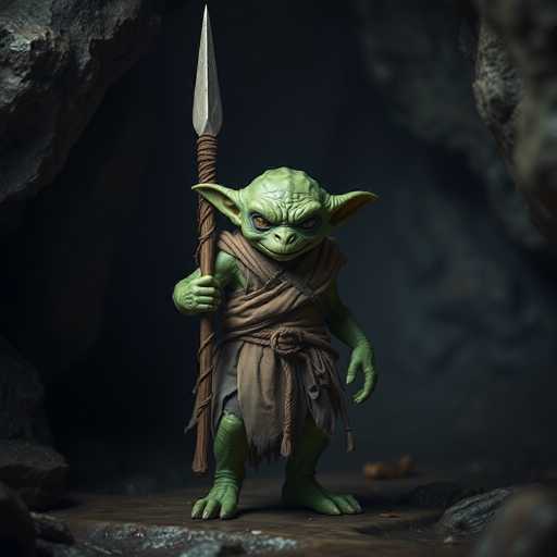 A green figurine of a Yoda-like character is standing on a rock formation with its arms crossed and holding a spear in one hand while the other hand rests on its hip. The background features a dark cave or tunnel setting with rocks and stalactites hanging from the ceiling, creating an atmosphere of mystery and adventure.