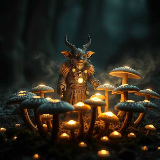 The image depicts a computer-generated, fantasy creature standing in a dark, nighttime forest. The creature has the head of a wolf with long, pointed ears, and two prominent horns protruding from its forehead. Its face features a long snout, whiskers, and a beard. The creature's body is covered in fur, and it wears a long, dark brown robe with a skirt-like bottom. Around its neck, it has a necklace with a glowing orb at the center. The creature stands on a patch of dirt, surrounded by a circle of mushrooms that glow from their tops, casting a yellowish light. The background is dark and blurry, with indistinct trees and a few rocks scattered on the ground. The overall scene is shrouded in darkness, with the glowing mushrooms providing the primary source of light.