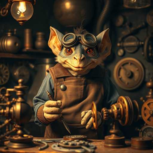 The image depicts a highly detailed, computer-generated scene of a small, blue-skinned creature with large, pointy ears and a mischievous smile, standing in a workshop filled with brass and gold-colored machinery. The creature, which resembles a blend of a bat, gopher, and mouse, is dressed in a blue shirt with a brown leather apron and has goggles resting on its forehead. It is holding a pen in its right hand and a knife in its left, appearing to be engaged in some form of intricate work. The background is dark, with various brass gears, pipes, and other mechanical parts scattered around, adding to the industrial atmosphere. A light fixture hangs from the ceiling, illuminating the scene. The overall style of the image is reminiscent of a video game or animated movie, with a focus on the creature's detailed features and the surrounding mechanical environment.