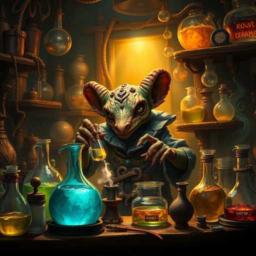 The image depicts a highly detailed, computer-generated scene of a goblin-like creature standing in a dark, medieval-style alchemy laboratory. The creature, with its light green skin, has large, pointed ears, a long snout, and yellow eyes. It is adorned with a blue cloak and a belt featuring a green gem. The goblin is holding a beaker containing a yellow liquid, which it appears to be pouring into a cauldron on a wooden table. The cauldron emits steam, suggesting the brewing of a potion. Surrounding the goblin are numerous glass containers filled with various liquids in colors ranging from yellow, orange, and red to blue, green, and purple. The background features shelves and a window with ropes hanging down, adding to the dark and mysterious ambiance of the scene.