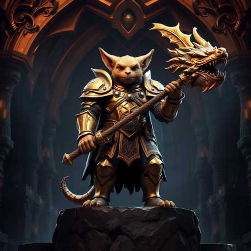 The image depicts a highly detailed, computer-generated scene featuring a cat-like creature clad in elaborate gold armor. The creature, which has a light tan coat, large pointed ears, and a long tail, stands on a dark gray rock. It wields a formidable weapon—a staff with a dragon's head at the top, its mouth open in a fierce roar. The background showcases an ornate, castle-like structure with intricate gold arches and columns, illuminated by a soft, golden light that enhances the majestic and regal atmosphere of the scene.