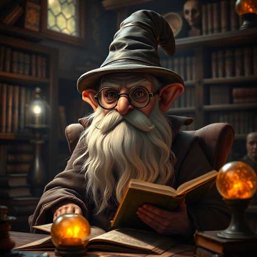 The image depicts a highly detailed, AI-generated illustration of an elderly wizard, reminiscent of characters from Harry Potter or Star Wars. The wizard, with his long white beard and mustache, is seated at a desk in a dimly lit library. He wears round black glasses and a tall, pointed wizard's hat, along with a brown cloak. His large ears and bushy eyebrows add to his wise appearance. The wizard is engrossed in a book, holding it open with his left hand while his right hand rests on the desk. In front of him, there are two glowing crystal balls, one on the desk and another on a pedestal to his right. The background features bookshelves filled with books and a window with stained glass, adding to the magical ambiance of the scene.