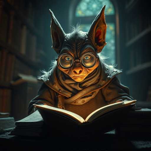 The image depicts a highly detailed, computer-generated scene of a goblin-like creature engrossed in reading a book. The creature, with its distinctively pointed ears and wrinkled forehead, sports large, round glasses that accentuate its blue eyes. Its face is characterized by a prominent nose and a frowning expression. The goblin is dressed in a brown jacket and is seated at a desk, illuminated by a focused light that highlights its features while leaving the surrounding area in shadow. The desk is cluttered with several books, and the background reveals a dimly lit room with bookshelves on either side and a window behind the creature, through which a dark, indistinct outdoor scene can be seen. The overall atmosphere of the image is one of quiet concentration and scholarly pursuit.