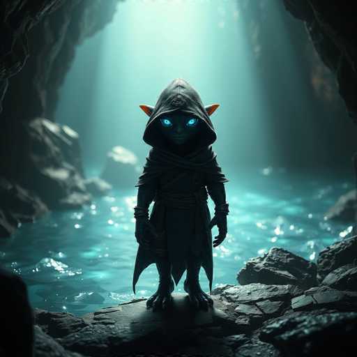 The image depicts a computer-generated, cartoon-like character standing in the center of a dark cave. The character, resembling a goblin or troll, is entirely black with strikingly bright blue eyes that glow intensely. It wears a hooded cloak that covers its head, with pointed ears protruding from the sides. The creature's hands and feet are claw-like, adding to its menacing appearance. The cave itself is dimly lit, with light filtering in from the top, casting a bluish hue over the scene. The ground is rocky and uneven, with water pooling around the character's feet, reflecting the light and adding to the eerie atmosphere. The overall setting is mysterious and foreboding, with the character's glowing eyes serving as the primary source of illumination.