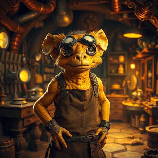 A charming, golden-skinned Kobold tinkerer, sporting goggles and a leather apron, stands proudly in front of a cluttered, steampunk-style workshop. The scene is bathed in warm, golden light, with a highly detailed, realistic rendering showcasing the intricate details of the environment. The overall art style is hyper-realistic and fantastical, emphasizing a clever tinkerer's workspace in a hidden, underground lair.