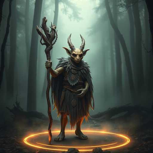 The image depicts a computer-generated scene of a mythical forest creature standing barefoot on a glowing, double-layered orange circle on the ground. The creature, which resembles a goblin or troll, has a light brown face with a flat nose, large pointy ears, and two prominent horns protruding from its head. Its body is covered in dark gray fur, and it wears a leafy, fur-like cape along with a skirt-like garment. The creature's right hand holds a large, wooden staff with a pointed end, which is taller than the creature itself. The background features a dark, foggy forest with tall trees and fallen branches, shrouded in mist, adding to the eerie atmosphere of the scene.