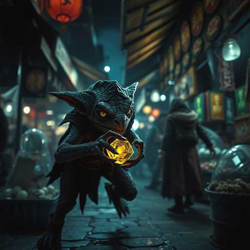 In this detailed and vibrant scene, a small, green, lizard-like alien creature stands prominently in the foreground of a bustling, futuristic Asian market. The creature, with its pointy ears, yellow eyes, and bird-like beak, clutches a glowing yellow crystal ball in its hands. Its body is covered in scales, and it has a tail that ends in a point. The alien's posture is dynamic, with one leg raised as if it's about to take a step.

The market around it is alive with activity. To the left, there's a stall displaying garlic and onions, while to the right, another stall offers bread. A woman in a brown coat with a fur-lined hood walks past, her back turned to the viewer. The market is illuminated by various lights, including a red lantern hanging from the ceiling, casting a warm glow over the scene. The ground is made of stone, adding to the market's traditional feel despite its futuristic setting. The overall atmosphere is a blend of the old and the new, creating a captivating and immersive visual experience.