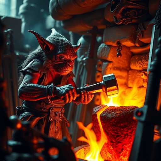 The image depicts a highly detailed, computer-generated scene of a goblin-like creature engaged in blacksmithing. The goblin, with its long, pointy ears and scaly skin, is clad in a leather vest and pants, with a belt around its waist. It stands in a dark, cavernous workshop, illuminated by the intense flames of a large fire pit. The goblin wields a massive sledgehammer, poised to strike a glowing piece of metal that glows red-hot from the heat. The background is filled with various tools and weapons, including swords and spears, adding to the atmosphere of a busy, well-equipped blacksmith's workshop. The creature's face is scrunched up in concentration as it works, emphasizing the intensity and focus of the scene.