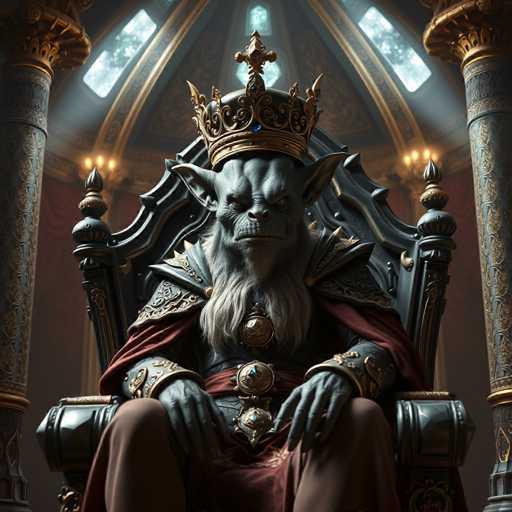 The image depicts a regal, gargoyle-like creature seated on a grand throne. The creature has a distinctly gray face with prominent, pointed ears and a long, flowing gray beard. Its eyes are dark and piercing, adding to its imposing presence. Adorning its head is a majestic gold crown, topped with a cross, symbolizing authority and power. The creature's hands rest on its knees, clad in brown pants, and it wears a flowing red cape that adds to its majestic appearance. The throne itself is an elaborate piece of craftsmanship, featuring a black and gold design with intricate details. Flanking the throne are two large, ornate columns, also black and gold, which further enhance the room's opulent atmosphere. The ceiling above is arched and adorned with windows, allowing light to filter through and illuminate the scene. The overall setting exudes a sense of grandeur and ancient majesty, with the creature appearing as a powerful, timeless ruler.