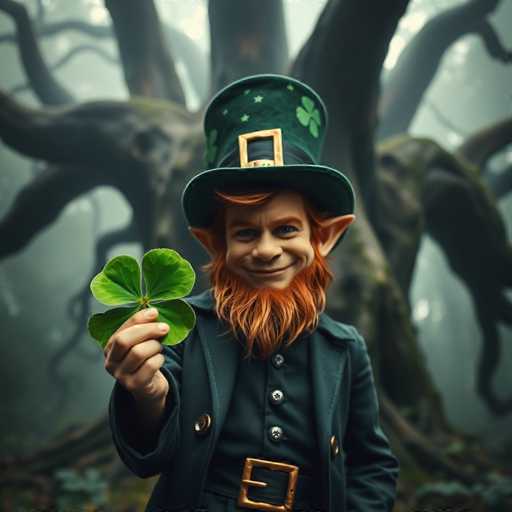 This image depicts a whimsical, computer-generated leprechaun standing in a foggy forest. The leprechaun, with his pointy ears and long, flowing red hair, sports a green top hat adorned with gold trim and a four-leaf clover. His attire includes a dark green jacket with a large, square gold buckle on the front, and a matching green shirt with silver buttons. The leprechaun's face is characterized by a broad smile, and he holds a four-leaf clover in his right hand, extended towards the viewer. Behind him looms a large, gnarled tree with multiple branches, adding to the mystical atmosphere of the scene. The overall image is slightly blurry, enhancing its dreamlike quality.