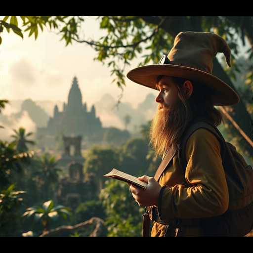 In this captivating image, a man stands in a lush, tropical forest, surrounded by vibrant greenery and towering palm trees. He is dressed in a long-sleeved, yellowish-brown shirt and carries a backpack with a strap slung over his shoulder. His attire is completed by a distinctive wizard's hat, which features a wide brim and a pointed tip that curves downward. The man's long, flowing hair and beard add to his mystical appearance. He is engrossed in reading a book, his gaze directed downward at the pages. The background reveals a majestic, ancient castle-like structure, partially obscured by a misty fog that enhances the enchanting atmosphere of the scene.