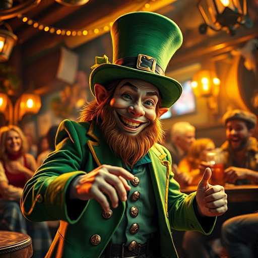 The image depicts a vibrant, cartoon-style scene of a leprechaun in a bar setting. The leprechaun, with his distinct green attire, including a green top hat adorned with a black band and a gold buckle, stands out prominently. His outfit features a green jacket with gold trim, a green shirt with gold buttons, and a black belt. The leprechaun has a red beard and red hair, and his face is characterized by large, pointy ears, a wide smile, and a big nose. He is giving a thumbs-up with his left hand while his right hand is extended towards the viewer. The background is blurred, but it shows a lively bar scene with people sitting at tables, some holding drinks, and others standing. The walls are brown, and the lighting includes a chandelier and hanging lights, adding to the warm, inviting atmosphere.