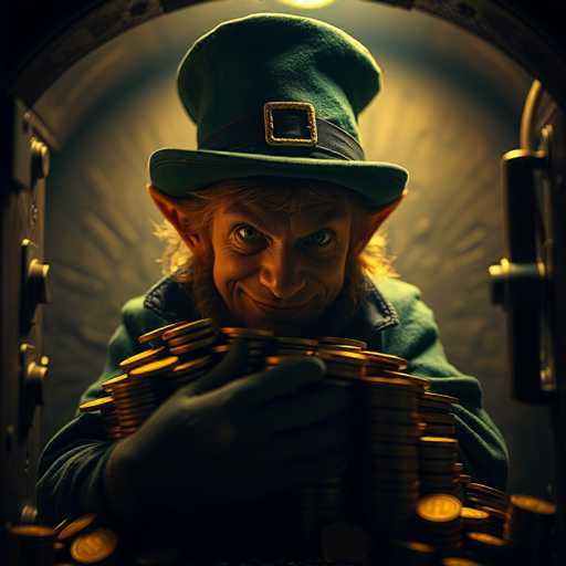 In this captivating image, a leprechaun stands prominently at the center, exuding an air of mischief and charm. He is adorned in a traditional green hat, complete with a black band and a gold buckle, and his pointed ears peek out from beneath the brim. His face, marked by a mischievous grin, is framed by a beard and mustache, and his piercing green eyes add to his enigmatic presence. The leprechaun is dressed in a green jacket, and his hands are filled with stacks of gold coins, which spill over the edges of his arms and onto the floor around him. The background features a large, imposing wooden door with a massive gold handle, suggesting that the leprechaun has just emerged from his hidden treasure chamber. The scene is bathed in a warm, golden light that enhances the magical and mystical atmosphere, making it appear as though he has just been caught in the act of guarding his precious hoard.