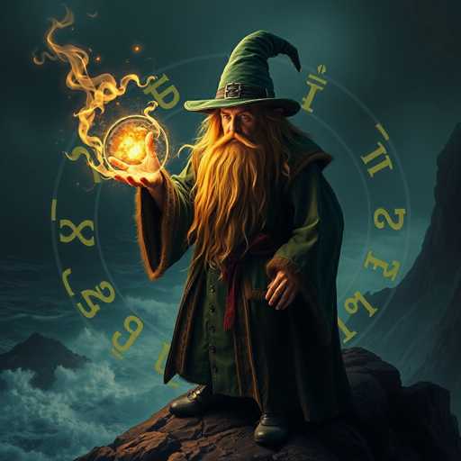 The image depicts a detailed, computer-generated wizard standing on a rocky outcrop by the ocean. The wizard, who has long, flowing blonde hair and a matching beard, is adorned in a green robe with brown trim and a matching green pointed hat featuring a black belt and buckle. His attire includes a red sash tied around his waist, and he wears black shoes. The wizard is holding a glowing glass orb in his right hand, from which flames and smoke emanate, casting an orange light. Behind him, a circular symbol with yellow numbers, possibly representing the hours of the day, is visible. The background showcases a dark, stormy sky with crashing waves and distant mountains, enhancing the mystical and dramatic atmosphere of the scene.