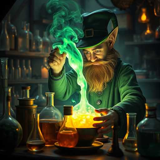 In this detailed digital illustration, a leprechaun is depicted in a dimly lit, medieval-style alchemy laboratory. The leprechaun, characterized by his long red beard, mustache, and pointed ears, wears a green outfit complete with a green hat adorned with a black band and a gold buckle. He stands at a wooden table, surrounded by an array of glass bottles filled with various colored liquids, some with cork stoppers. The leprechaun is engrossed in his work, holding a beaker with a greenish liquid that emits a glowing, smoky mist. This mist transitions into a bright yellow light, illuminating the scene and highlighting the leprechaun's focused expression. The background is filled with more glass bottles and shelves, adding to the atmosphere of a busy alchemical workshop.