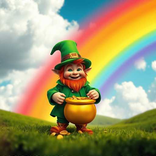 A cartoon character dressed as a leprechaun holding a pot of gold coins is standing on a grassy field with a rainbow arching over the scene.