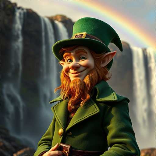 This image features a whimsical, computer-generated leprechaun set against a backdrop of cascading waterfalls. The leprechaun, with his pointed ears and long, flowing red hair, sports a green coat adorned with a prominent gold button and a matching green hat. A brown belt cinches his waist, adding to his traditional attire. His face is characterized by a cheerful smile, rosy cheeks, and a small red beard. A rainbow arches gracefully in the sky above him, adding a touch of magic to the scene. The waterfalls in the background are slightly blurred, emphasizing the leprechaun as the focal point of the image. The overall composition exudes a playful and enchanting atmosphere, reminiscent of a fairy tale or a whimsical children's storybook illustration.