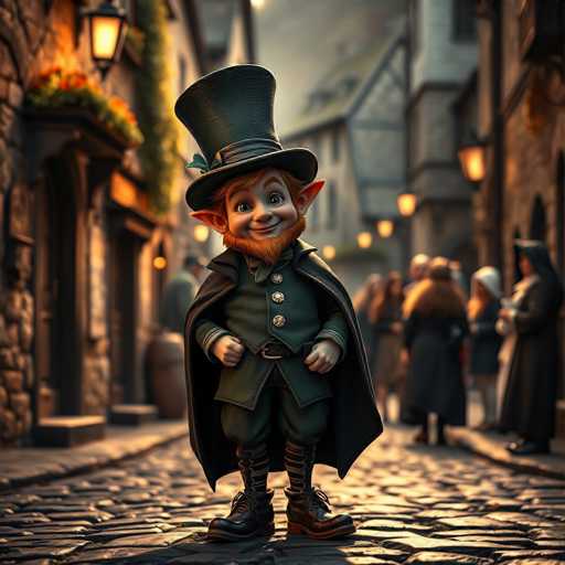 A charming, whimsical leprechaun stands center-foreground on a cobblestone street in a quaint medieval village. He sports a tall, black top hat adorned with a green feather and a dark green cape, while a light green waistcoat peeks out. His rosy cheeks and mischievous smile add to his endearing personality. The background features blurred figures of villagers, suggesting a bustling but peaceful atmosphere. The overall style is highly detailed and painterly, with a soft, warm lighting that enhances the fantasy aesthetic.