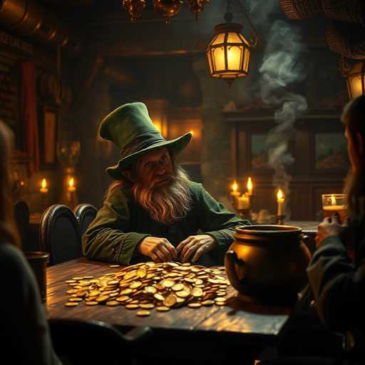 In this captivating image, a man dressed in a green outfit reminiscent of St. Patrick's Day attire sits at a table laden with gold coins. His ensemble includes a green hat, a green shirt, and a green jacket, complemented by a long, flowing beard. The man's hands are positioned in front of him, seemingly engaged in an action involving the coins. To his right, a large pot brimming with gold coins adds to the scene's opulence. 

The setting is dimly lit, with a lantern hanging from the ceiling casting a warm glow over the table. The background is adorned with several candles, enhancing the cozy and mysterious atmosphere. The man appears to be in the midst of a conversation with another individual, whose presence is only hinted at by a partial view of their arm and hand. The overall ambiance suggests a setting that could be straight out of a fantasy novel, filled with magic and adventure.
