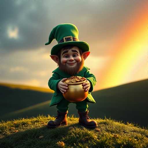 A cartoon character dressed as a leprechaun holding a golden pot on his shoulder and standing on a grassy hill with a rainbow in the background.